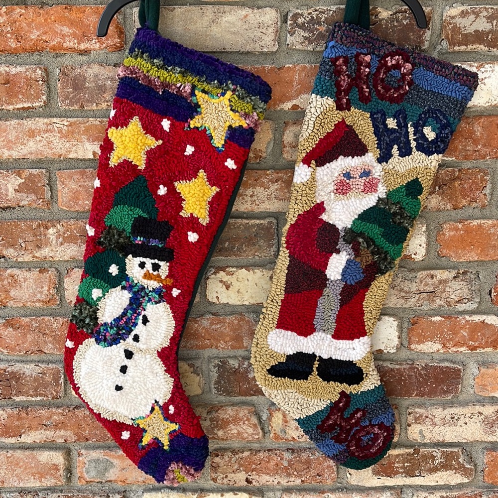 SET OF 2 HUGE VINTAGE CHRISTMAS STOCKINGS - SANTA AND SNOWMAN